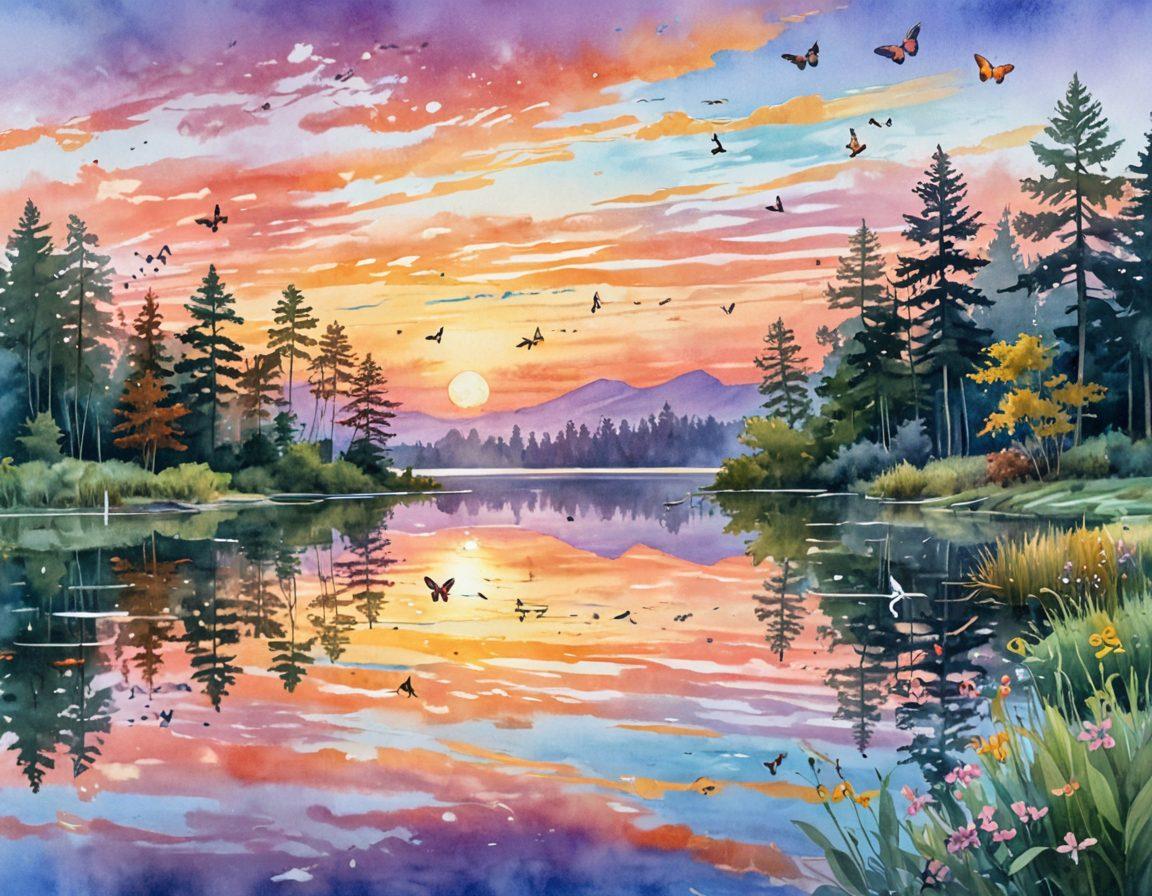 A serene landscape featuring a vibrant sunrise over a tranquil lake, with musical notes swirling in the air like colorful butterflies. In the foreground, a diverse group of people, smiling and dancing, holding musical instruments, enjoying the uplifting melodies. Soft pastel colors create a blissful atmosphere, while gentle waves reflect the music in harmony. nature's beauty blends with joyful music, symbolizing happiness and connection. watercolor painting.