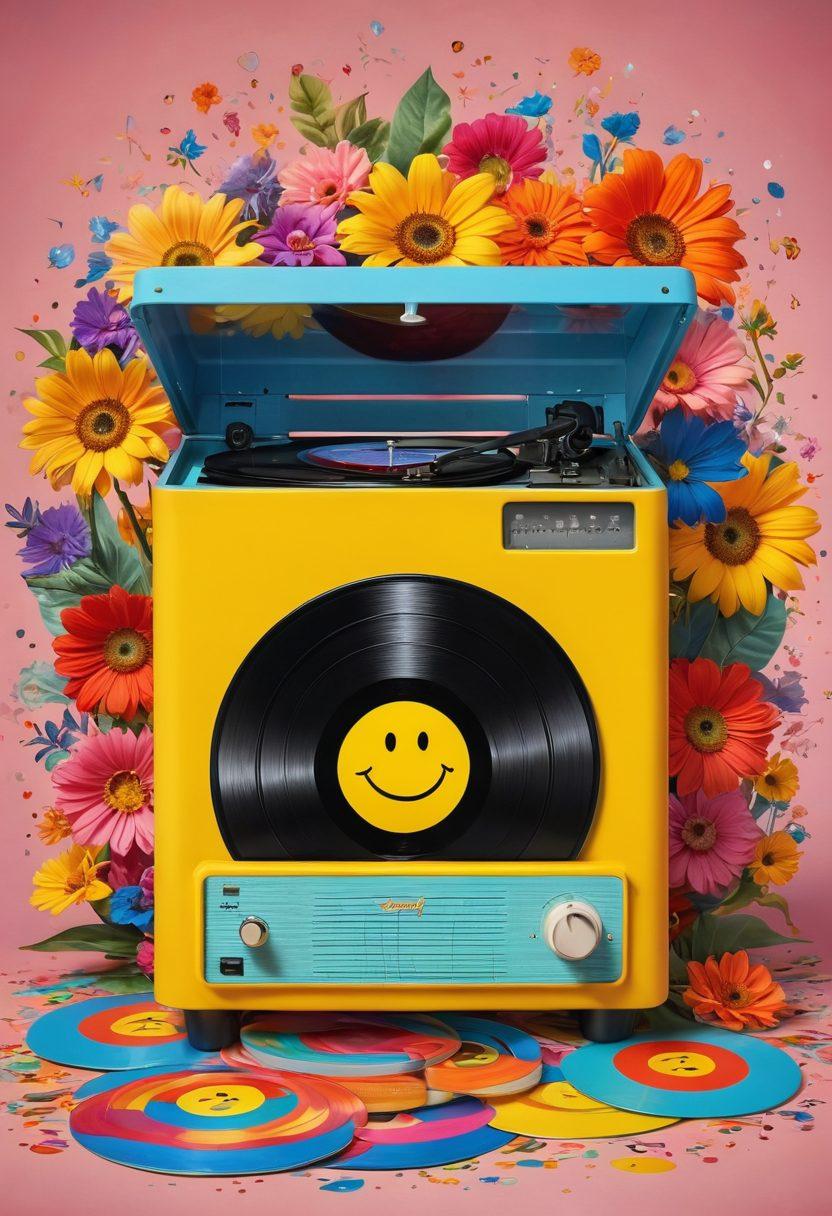 A lively and colorful scene of a vintage vinyl record player surrounded by cheerful vinyl records, radiating musical notes and vibrant sound waves in the air. Bright flowers and playful patterns fill the background, creating an atmosphere of joy and celebration. Include smiley faces incorporated in the vinyl design for a whimsical touch. digital painting. vibrant colors. playful. cheerful.