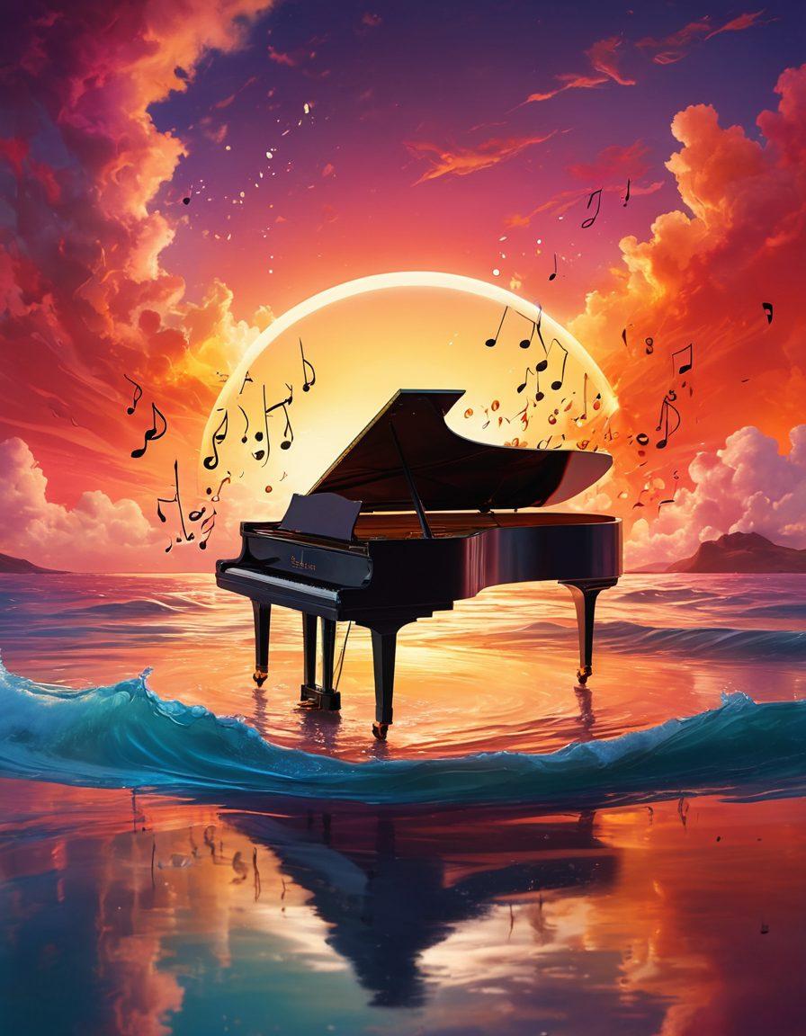 A vibrant musical scene featuring an ethereal steel instrument, glowing with warm colors that emanate waves of sound. Surrounding the instrument are floating musical notes infused with light, symbolizing positivity and inspiration. In the background, a tranquil landscape of abstract shapes representing emotions transforms into a soulful sunset sky. Colors should blend harmoniously, evoking a sense of joy and upliftment. surreal. vibrant colors. 3D.